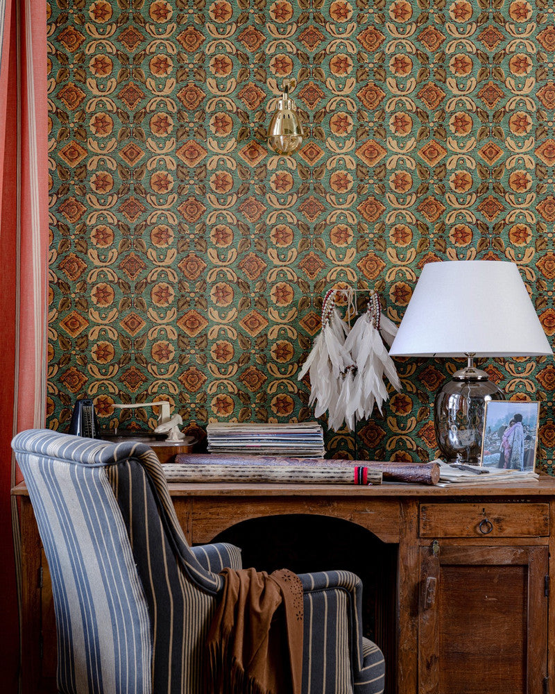 Varanasi Topaz Wallpaper by Mind the Gap Designer Wallpaper WOODSTOCK '69 LIFESTYLE COLLECTION Satin Matte Made in Europe Paste the wall 1 roll x 20.5 x 10.9 yards - Swanky Fabrics -