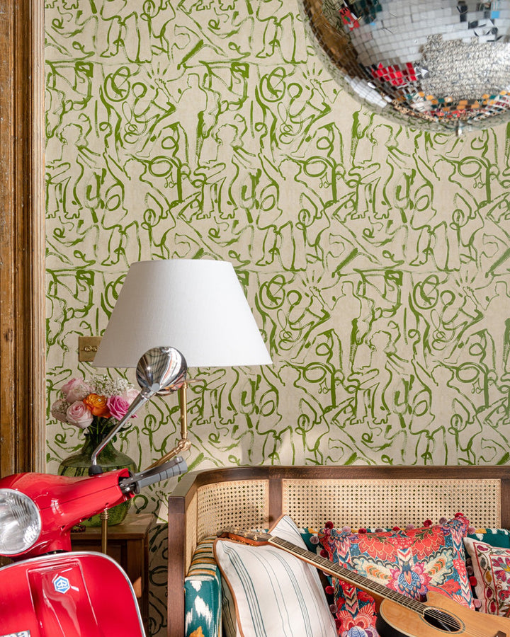 On The Stage Greenery Wallpaper by Mind the Gap Designer Wallpaper WOODSTOCK '69 LIFESTYLE COLLECTION Satin Matte Made in Europe Paste the wall 1 roll x 20.5 x 10.9 yards - Swanky Fabrics -