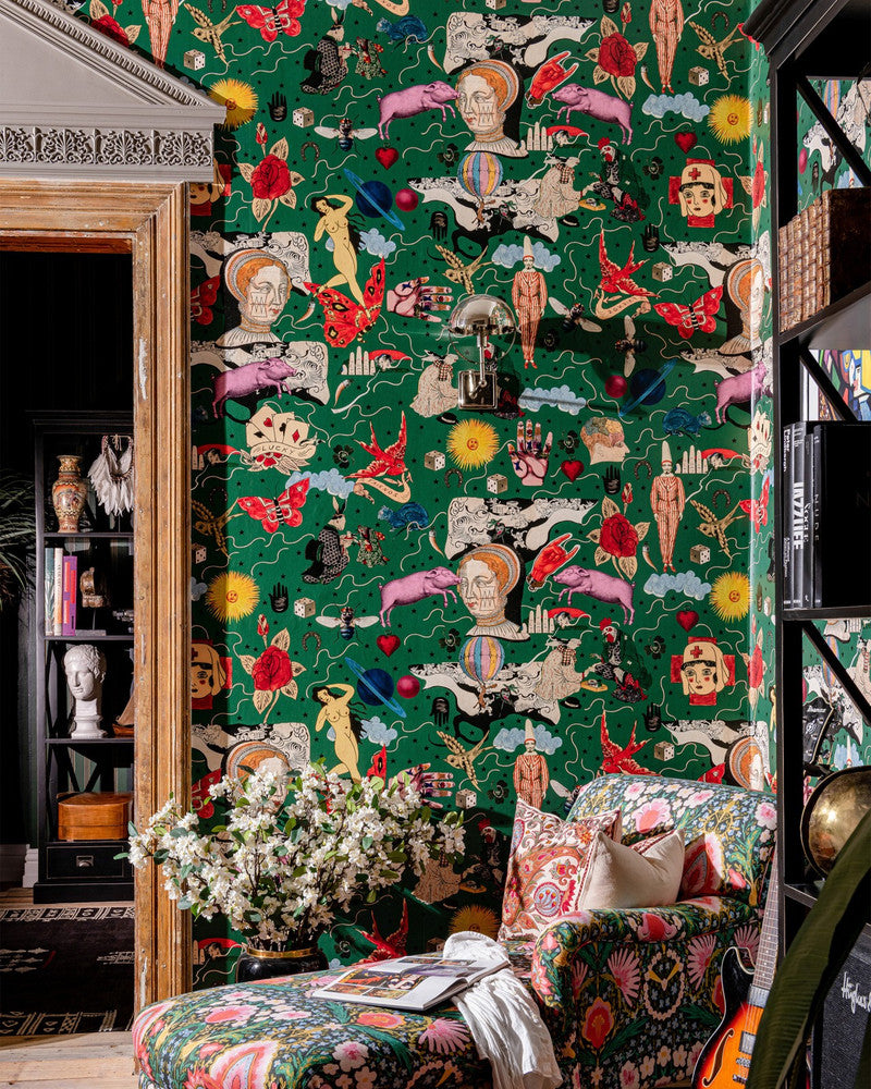 Illusionary Daytime Green Wallpaper by Mind the Gap Designer Wallpaper WOODSTOCK '69 LIFESTYLE COLLECTION Satin Matte Made in Europe Paste the wall 3 rolls x 20.5 x 3.25 yards - Swanky Fabrics -