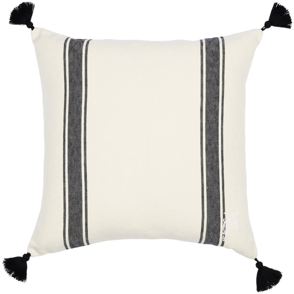 Hajdu Stripe Heavy Linen Cushion by Mind the Gap Designer Pillow TRANSYLVANIAN ROOTS 100% Linen Made in Romania Black tasseled corners 20 x 20 in - Swanky Fabrics -