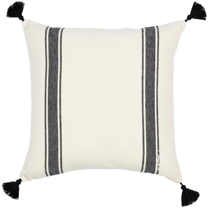 Hajdu Stripe Heavy Linen Cushion by Mind the Gap Designer Pillow TRANSYLVANIAN ROOTS 100% Linen Made in Romania Black tasseled corners 20 x 20 in - Swanky Fabrics -