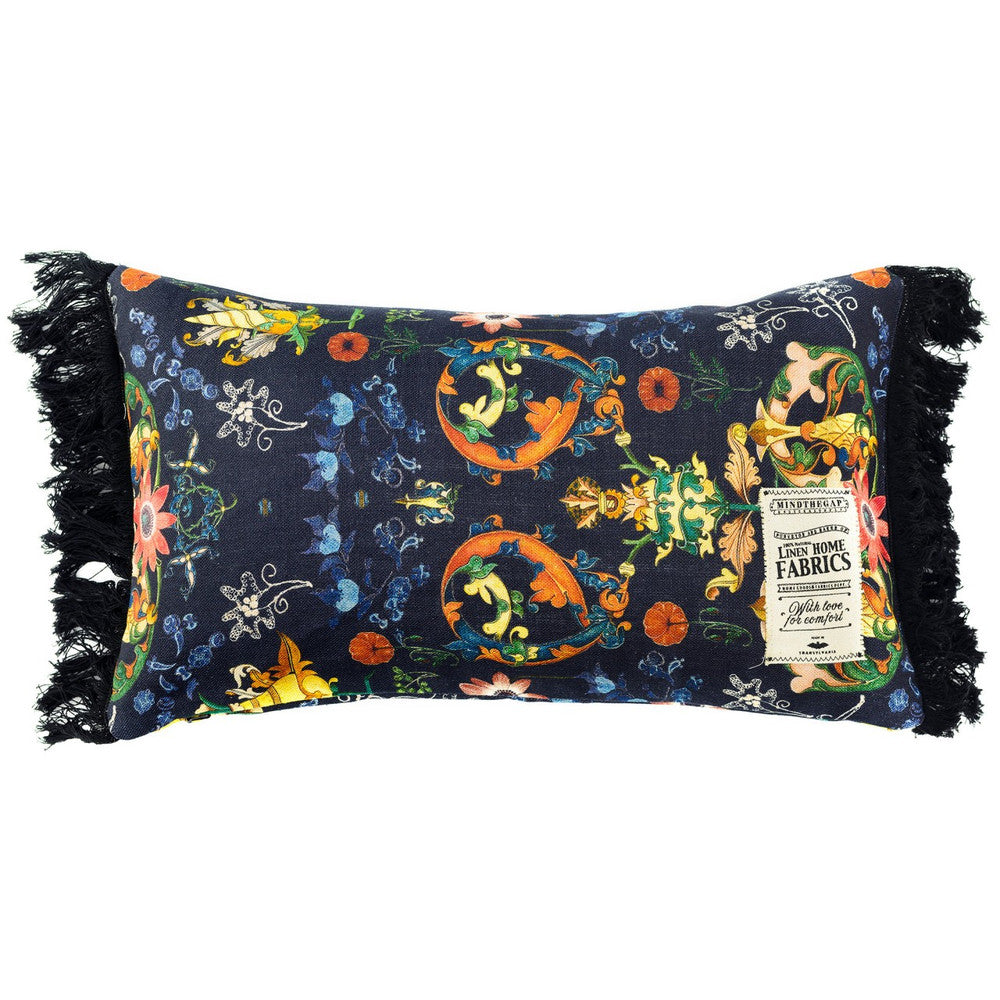 Transylvania Folk Linen Cushion by Mind the Gap Designer Pillow NOMAD STORY 100% Linen Made in United Kingdom Black fringes on two sides 20 x 12 in - Swanky Fabrics -