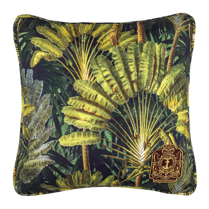 Traveller'S Palm Cushion by Mind the Gap Designer Pillow THE TROPICAL COTTAGE 100% Linen Made in United Kingdom / Romania Assorted piping 20 x 20 in - Swanky Fabrics -
