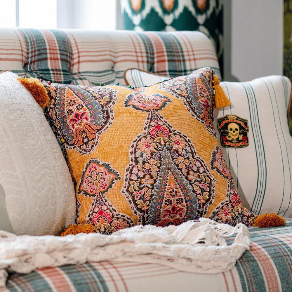 Gipsy Soul Cushion by Mind the Gap Designer Pillow WOODSTOCK '69 LIFESTYLE COLLECTION 44% Linen, 56% Cotton Made in Romania Tassels and four matching corner trimmings 20 x 20 in - Swanky Fabrics -