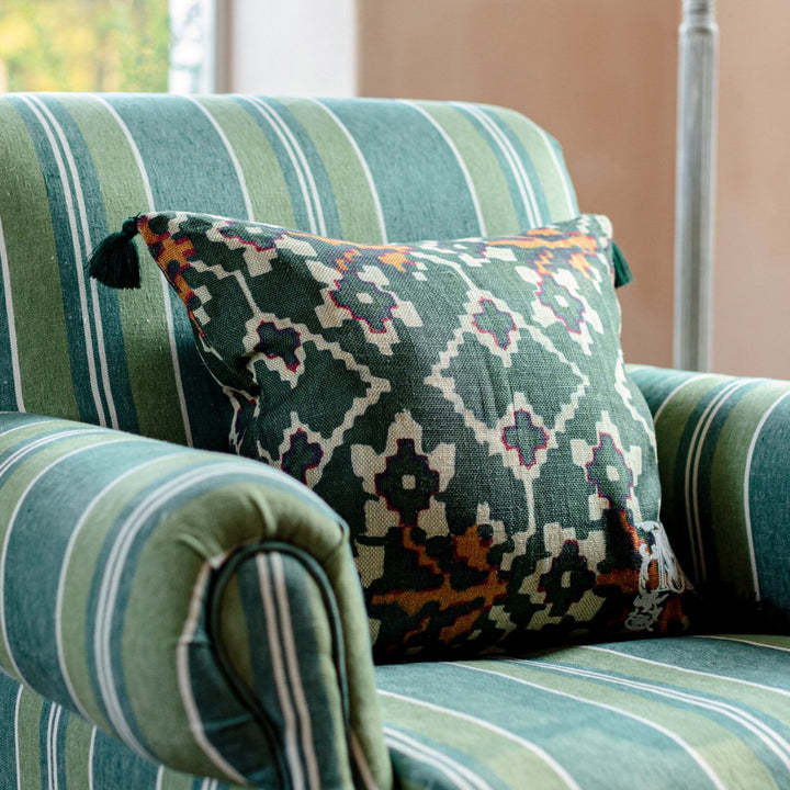 Zold Linen Cushion by Mind the Gap Designer Pillow TRANSYLVANIAN ROOTS 100% Linen Made in Romania Green tassels 20 x 20 in - Swanky Fabrics -