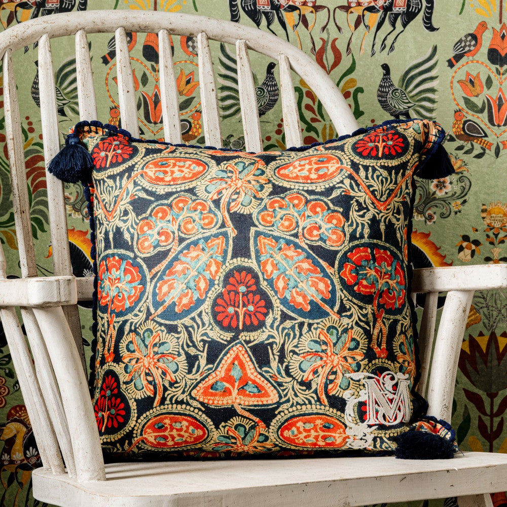 Mind The Gap Pillows HEIRLOOM Linen Cushion (LC40088) | LC40088 | TRANSYLVANIAN ROOTS | 20 x 20 in | Blue, Orange, Red, Taupe | Fabric Carolina | https://www.fabriccarolina.com/