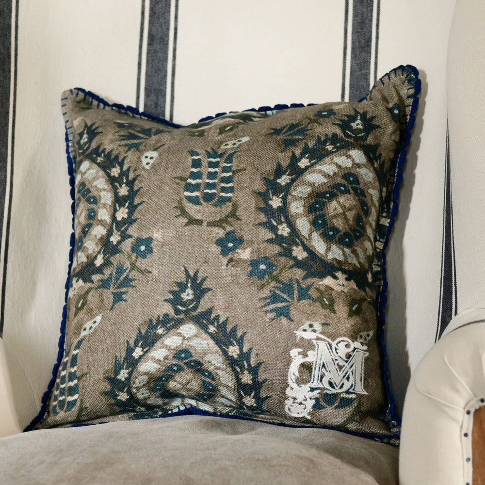 Flourish Linen Cushion by Mind the Gap Designer Pillow TRANSYLVANIAN ROOTS 100% Linen Made in Romania Blue scallop crochet trimming 20 x 20 in - Swanky Fabrics -