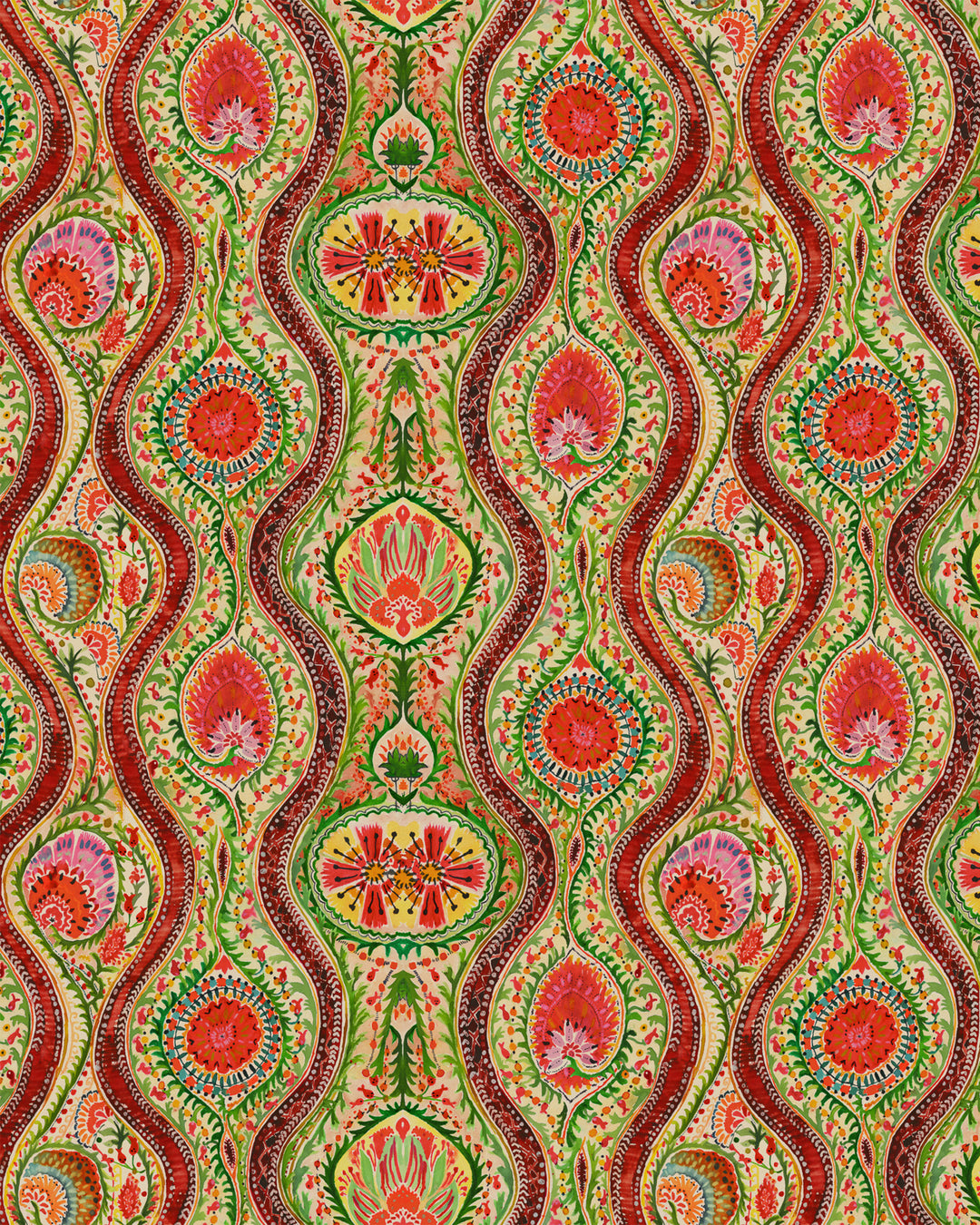 HIPPIE PAISLEY Wallpaper (WP20616) by Mind The Gap | WP20616 | WOODSTOCK '69 | 3 rolls x 52x300 cm / 20.5x118.1 in | 0.52m / 20.5in | 3m / 118in | 4.65sqm / 50sq ft | 150cm / 59in | Blue, Green, Yellow, Pink, Beige, Red | Non-woven Satin | Paste the wall | 3-rolls in a box | Fabric Carolina | https://www.fabriccarolina.com/