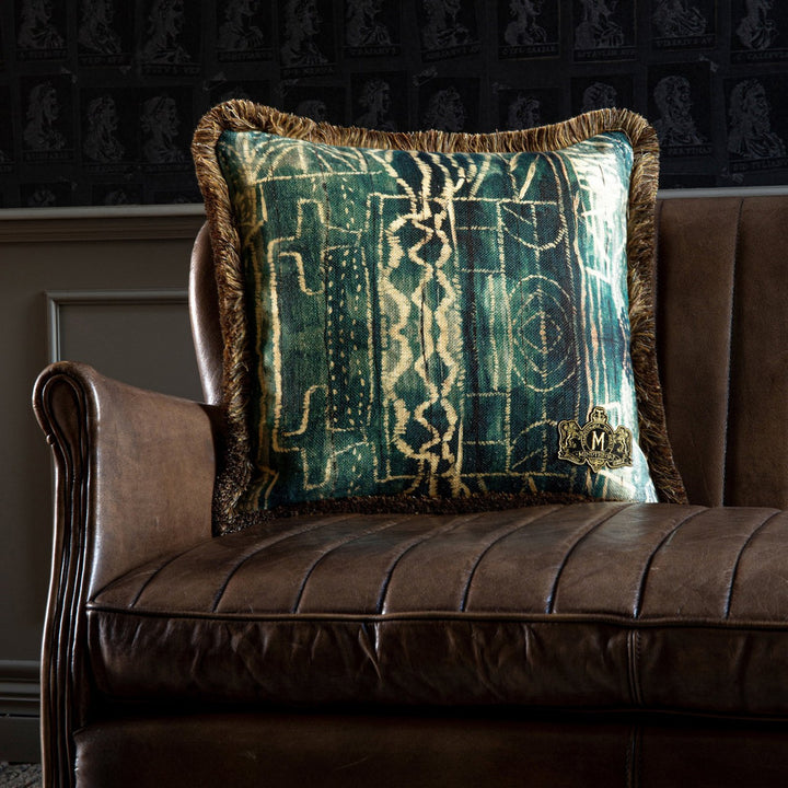 Bamileke Linen Cushion by Mind the Gap Designer Pillow THE HOME OF AN ECCENTRIC MAN 100% Linen Made in United Kingdom / Romania Golden fringing 20 x 20 in - Swanky Fabrics -