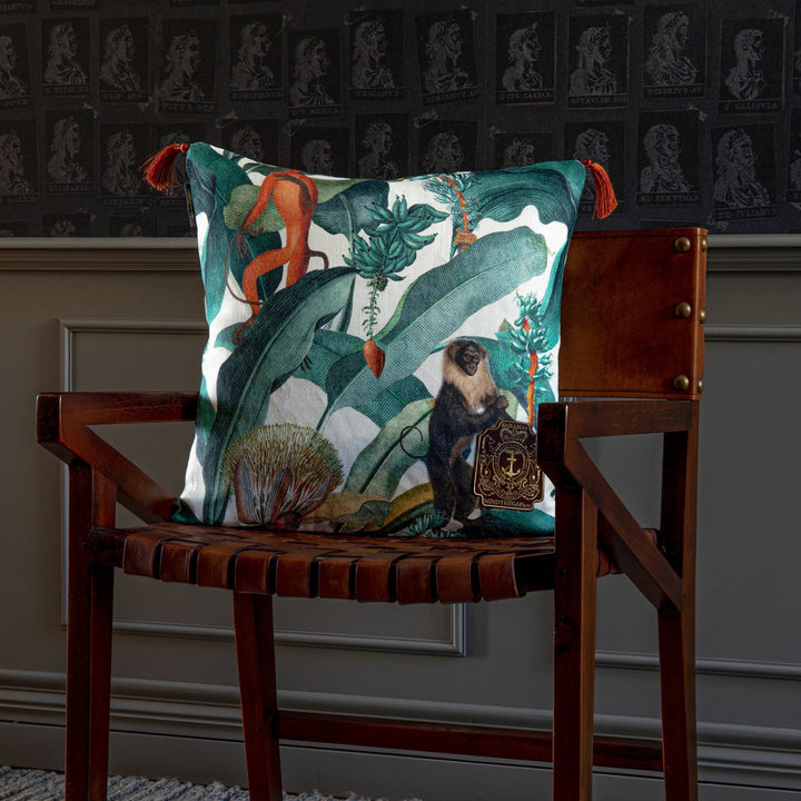 Bermuda Linen Cushion by Mind the Gap Designer Pillow TROPICAL MOOD 100% Linen Made in United Kingdom Copper tassels on corners 20 x 20 in - Swanky Fabrics -