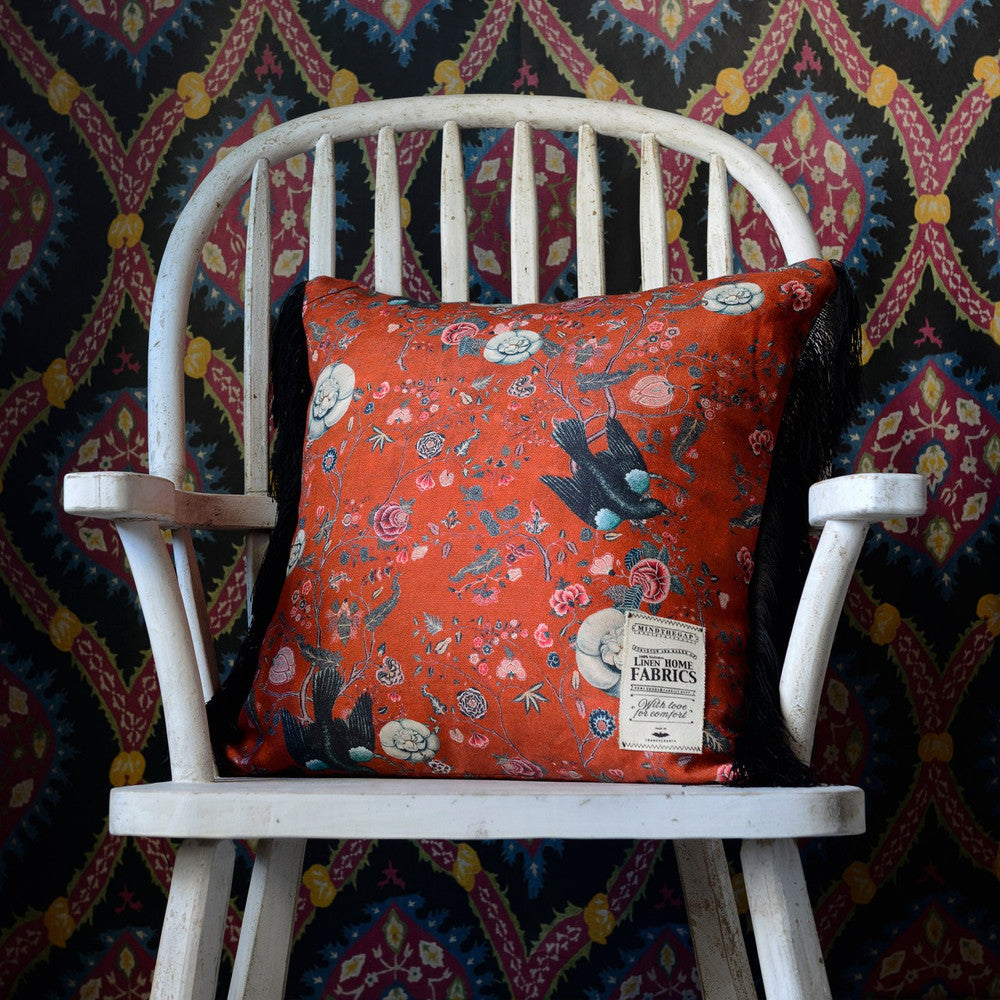 Mind The Gap Pillows BLACK BIRD Linen Cushion (LC40003) | LC40003 | NOMAD STORY | 20 x 20 in | Black, Blue, Red | Fabric Carolina | https://www.fabriccarolina.com/