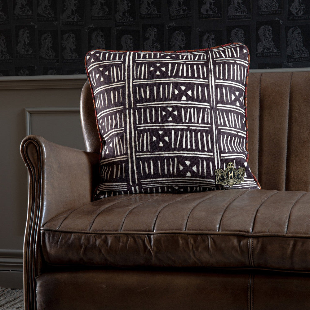 Bogolanfini Linen Cushion by Mind the Gap Designer Pillow THE HOME OF AN ECCENTRIC MAN 100% Linen Made in United Kingdom Assorted piping 20 x 20 in - Swanky Fabrics -