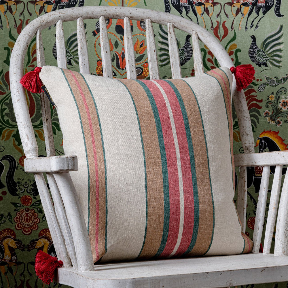 Mind The Gap Pillows HERINA Stripe Heavy Linen Cushion (LC40095) | LC40095 | TRANSYLVANIAN ROOTS | 20 x 20 in | Brown, Green, White | Fabric Carolina | https://www.fabriccarolina.com/