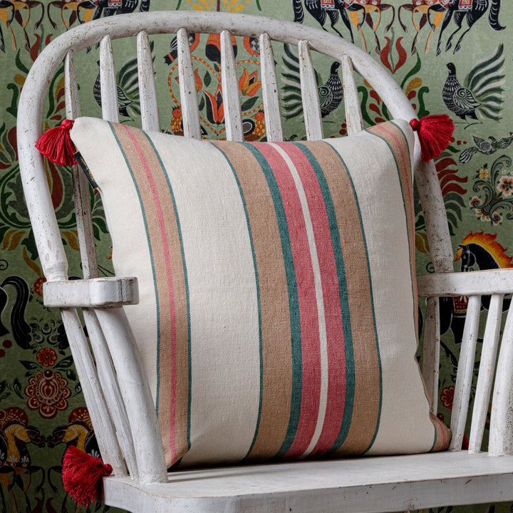 Mind The Gap Pillows HERINA Stripe Heavy Linen Cushion (LC40095) | LC40095 | TRANSYLVANIAN ROOTS | 20 x 20 in | Brown, Green, White | Fabric Carolina | https://www.fabriccarolina.com/