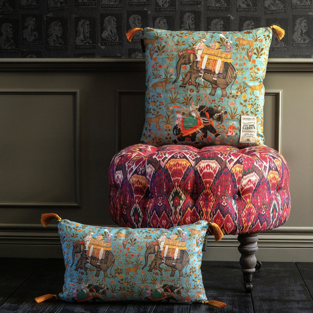 Hindustan Aquamarine Linen Cushion by Mind the Gap Designer Pillow NOMAD STORY 100% Linen Made in United Kingdom Copper tassels on corners 20 x 20 in - Swanky Fabrics -