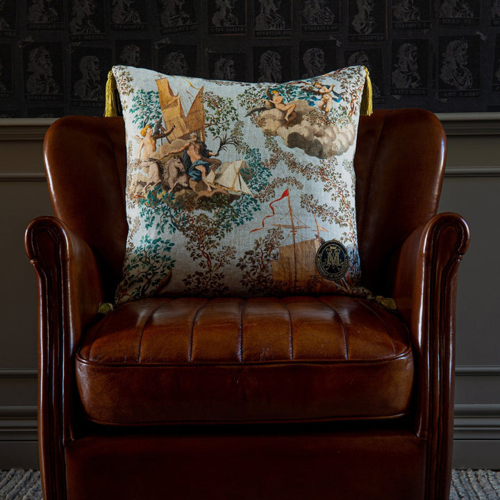 Mind The Gap Pillows JOURNEY TO EDEN Linen Cushion (LC40052) | LC40052 | THE TRANSYLVANIAN MANOR | 20 x 20 in | Blue, Brown, Green, Taupe | Fabric Carolina | https://www.fabriccarolina.com/