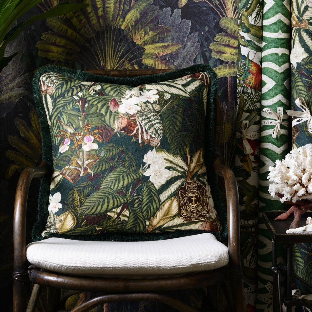 Orchid Bloom Cushion by Mind the Gap Designer Pillow THE TROPICAL COTTAGE 100% Linen Made in United Kingdom / Romania Green fringes 20 x 20 in - Swanky Fabrics -