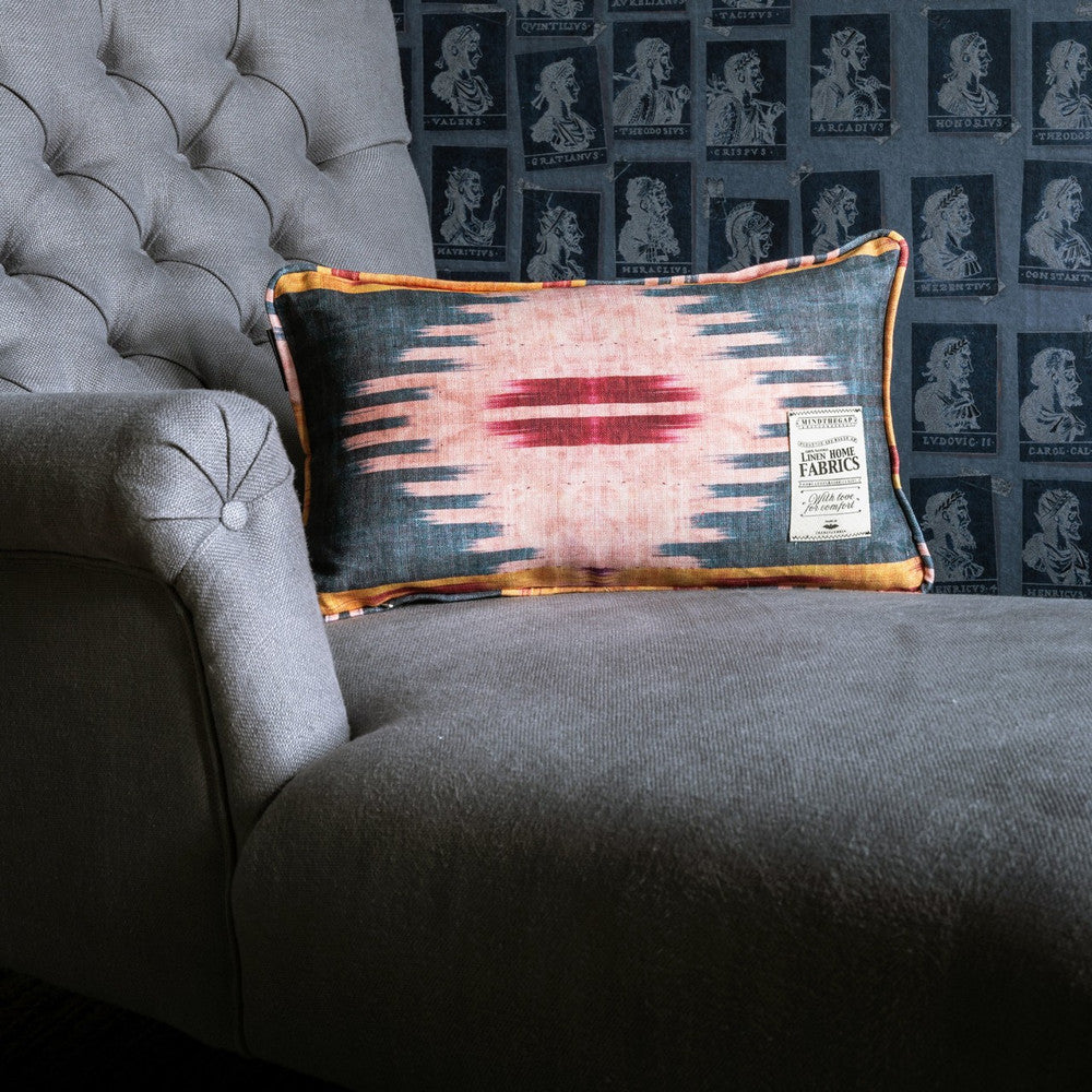 Patola Linen Cushion by Mind the Gap Designer Pillow NOMAD STORY 100% Linen Made in United Kingdom Assorted piping 20 x 12 in - Swanky Fabrics -