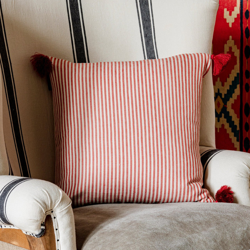 Rhubarb Stripe Heavy Linen Cushion by Mind the Gap Designer Pillow TRANSYLVANIAN ROOTS 100% Linen Made in Romania Red tassels 20 x 20 in - Swanky Fabrics -