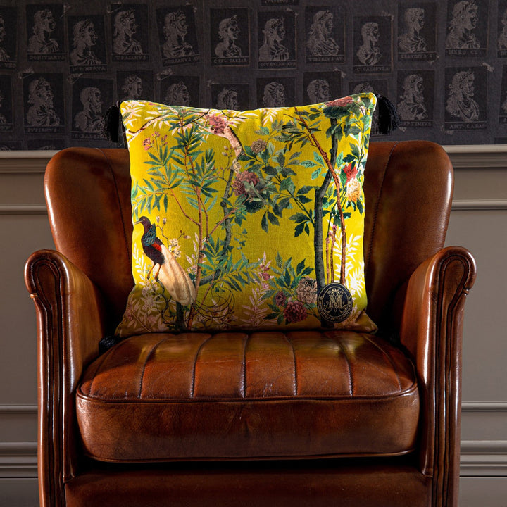 Royal Garden Velvet Cushion by Mind the Gap Designer Pillow THE TRANSYLVANIAN MANOR 100% Cotton velvet Made in United Kingdom Black tasseled corners 20 x 20 in - Swanky Fabrics -
