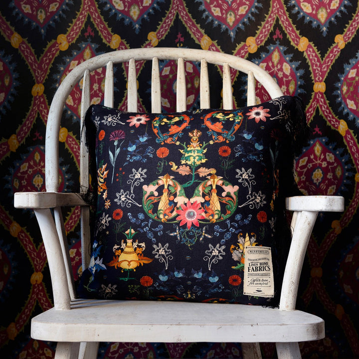 Mind The Gap Pillows TRANSYLVANIA FOLK Linen Cushion (LC40001) | LC40001 | NOMAD STORY | 20 x 20 in | Blue, Red, Yellow | Fabric Carolina | https://www.fabriccarolina.com/
