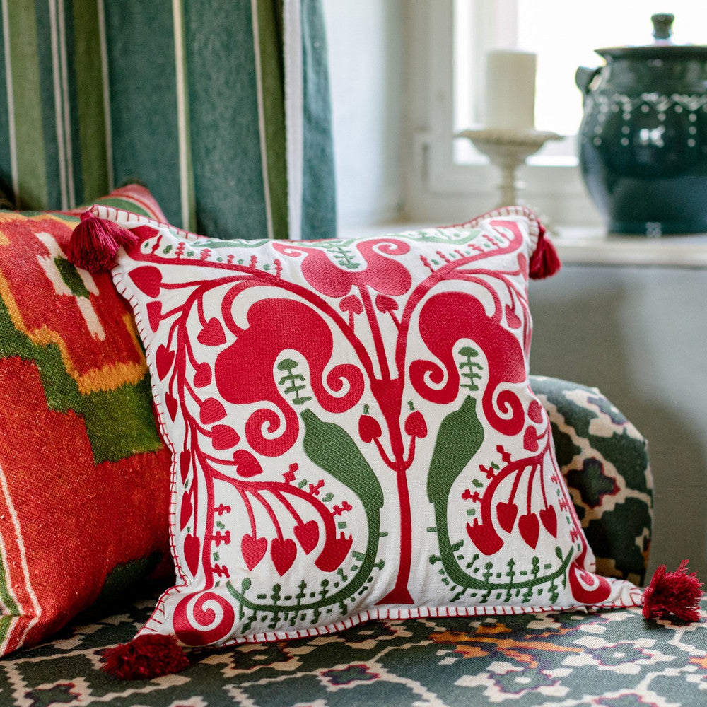 Transylvanian Suzani Linen Embroidered Cushion by Mind the Gap Designer Pillow TRANSYLVANIAN ROOTS 100% Linen Made in Turkey Red tassels 20 x 20 in - Swanky Fabrics -