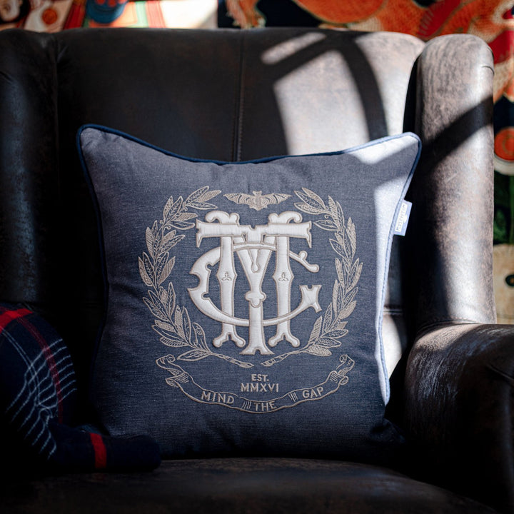 Mtg Bullion Cushion by Mind the Gap Designer Pillow WOODSTOCK '69 LIFESTYLE COLLECTION 61% Cotton, 39% Linen Made in Romania Denim piped edge 20 x 20 in - Swanky Fabrics -