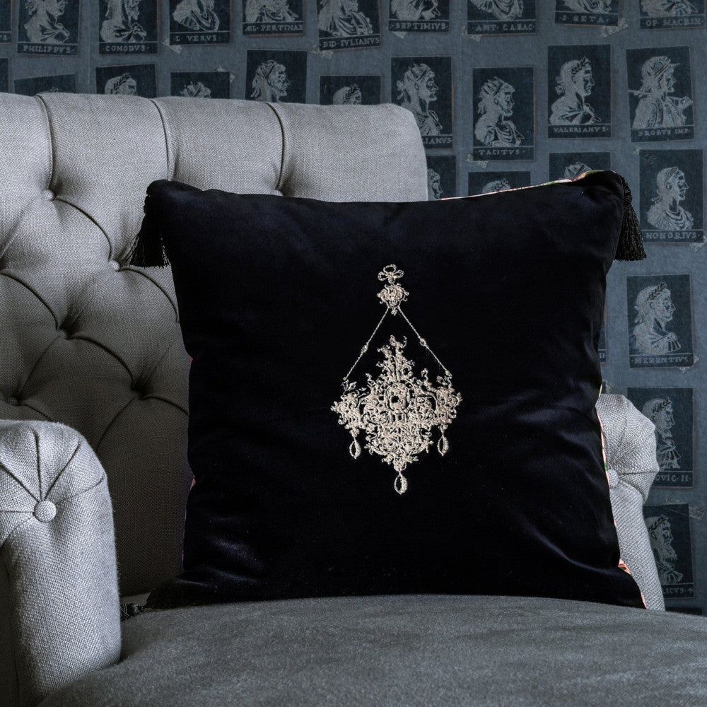 Mind The Gap Pillows GEMME EMBROIDERY Velvet Embroidered Cushion (LC40059) | LC40059 | THE TRANSYLVANIAN MANOR | 20 x 20 in | Brown, Green, Pink, Taupe | Fabric Carolina | https://www.fabriccarolina.com/