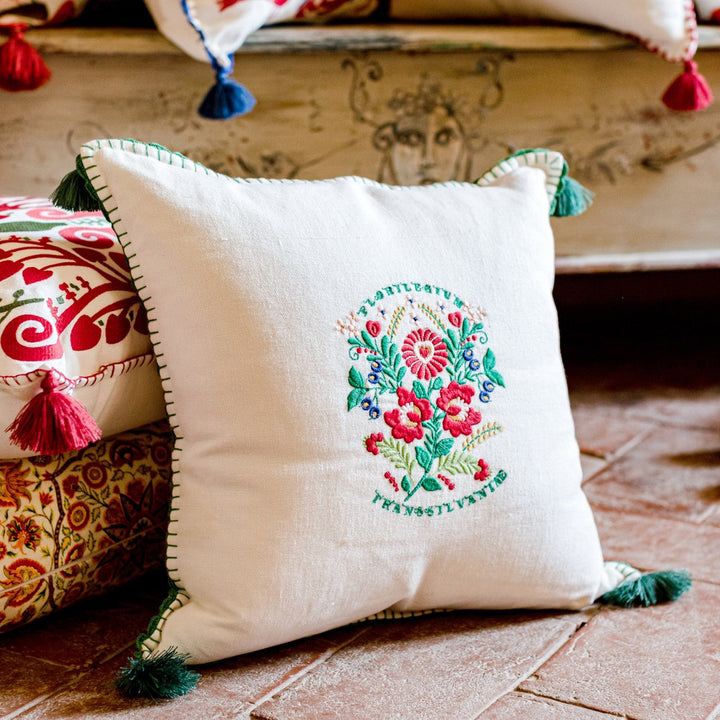Mind The Gap Pillows TRANSSILVANIAE FLORILEGIUM Linen Embroidered Cushion (LC40084) | LC40084 | TRANSYLVANIAN ROOTS | 20 x 20 in | Green, Red, White | Fabric Carolina | https://www.fabriccarolina.com/