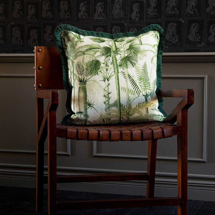 Algae I Cushion by Mind the Gap Designer Pillow THE TROPICAL COTTAGE 100% Linen Made in United Kingdom / Romania Green fringes 20 x 20 in - Swanky Fabrics -