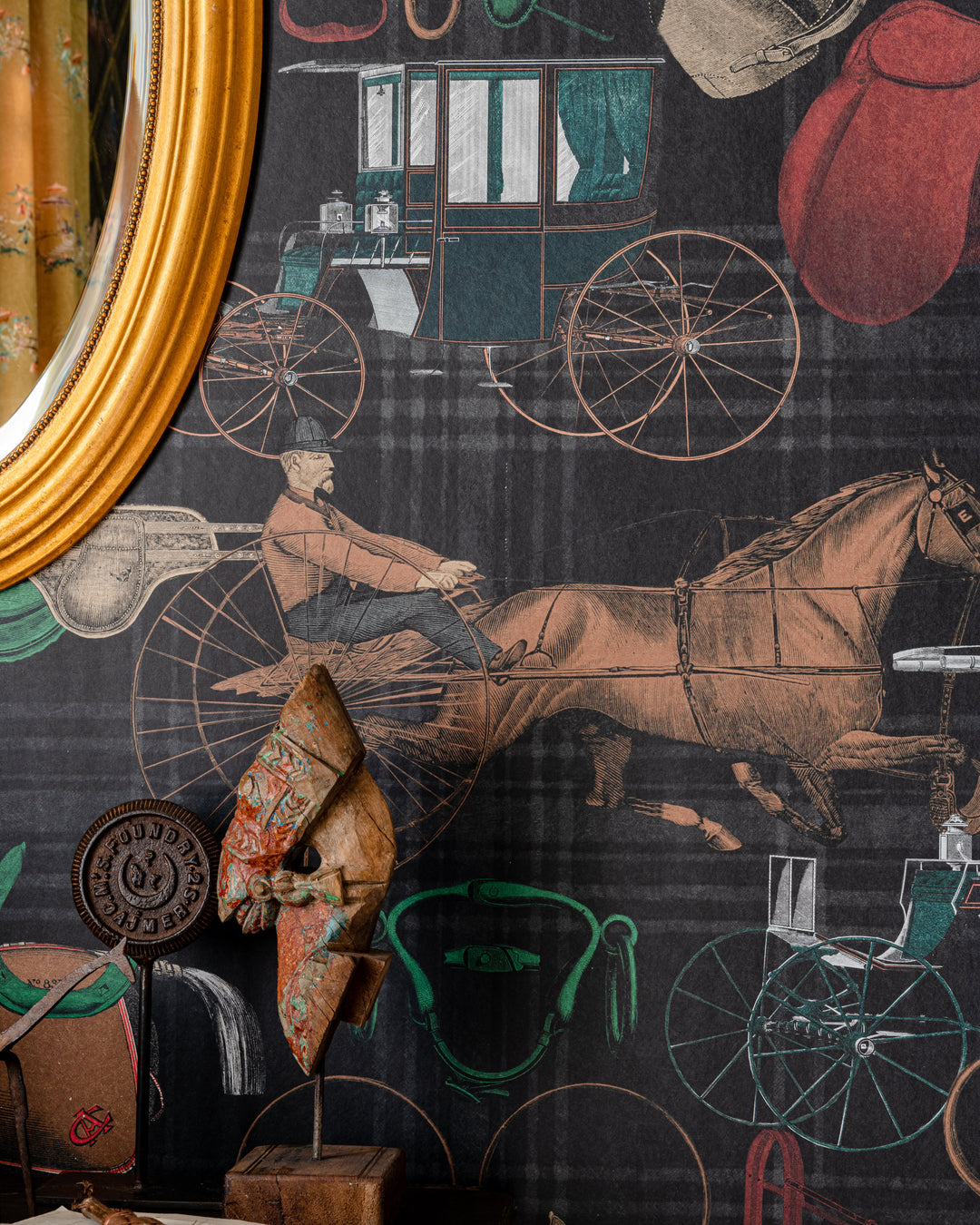 THE JOCKEY Multicoloured Wallpaper (WP20642) by Mind The Gap | WP20642 | THE DERBY | 3 rolls x 52x300 cm / 20.5x118.1 in | 0.52m / 20.5in | 3m / 118in | 4.65sqm / 50sq ft | 150cm / 59in | White, Green, Anthracite, Red, Brown | Non-woven Satin | Paste the wall | 3-rolls in a box | Fabric Carolina | https://www.fabriccarolina.com/