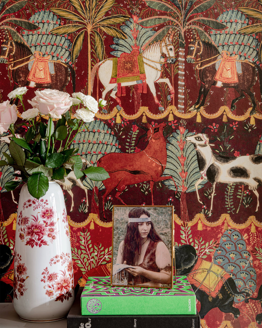 CARNAVAL Wallpaper (WP20610) by Mind The Gap | WP20610 | WOODSTOCK '69 | 3 rolls x 52x300 cm / 20.5x118.1 in | 0.52m / 20.5in | 3m / 118in | 4.65sqm / 50sq ft | 100cm / 39.3in | Green, Yellow, Red, Burgundy | Non-woven Satin | Paste the wall | 3-rolls in a box | Fabric Carolina | https://www.fabriccarolina.com/