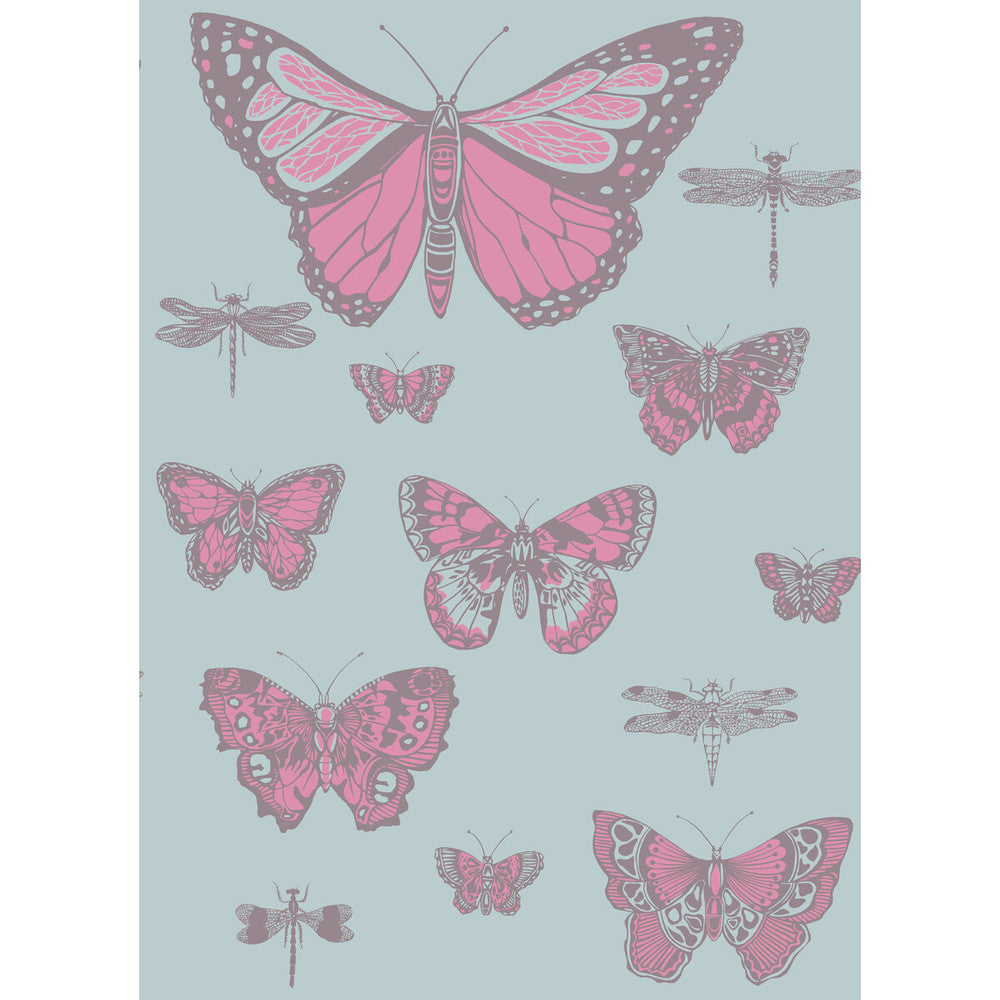 Butterflies & Dragonflies Pink On Blue by Cole & Son Designer Wallcovering COLE & SON WHIMSICAL PAPER - 100% United Kingdom - Horizontal: - and Vertical: 28.3 20.5 - Swanky Fabrics -