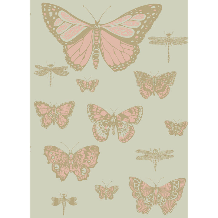 Butterflies & Dragonflies Pink On Oliv by Cole & Son Designer Wallcovering COLE & SON WHIMSICAL PAPER - 100% United Kingdom Horizontal: and Vertical: 28.3 20.5 - Swanky Fabrics -