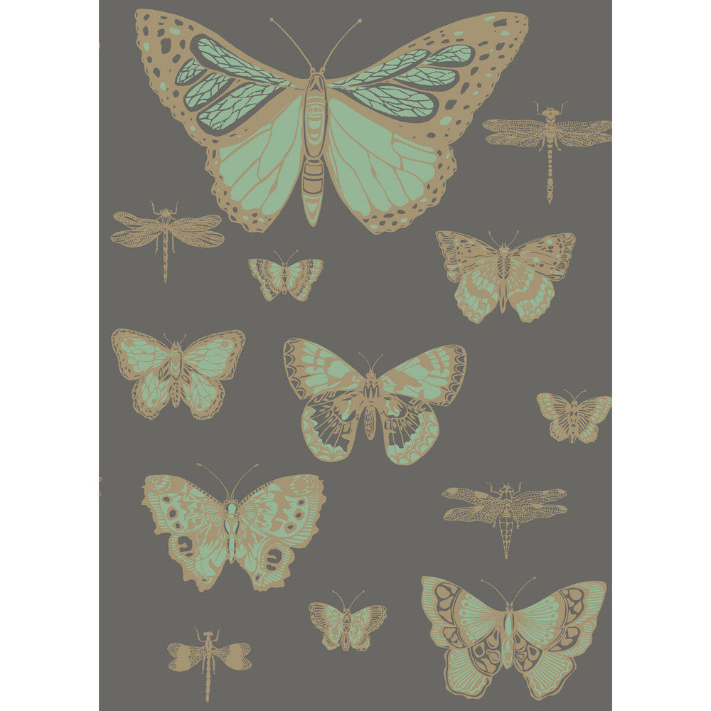 Butterflies & Dragonflies Green On Char by Cole & Son Designer Wallcovering COLE & SON WHIMSICAL PAPER - 100% United Kingdom Horizontal: and Vertical: 28.3 20.5 - Swanky Fabrics -