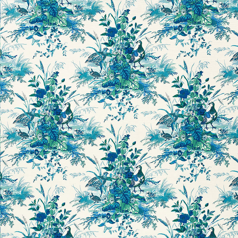 Quail Meadow Peacock 1106044 by Schumacher Designer Fabric CLASSIC PRINTS LINEN 64% COTTON 36% UNITED KINGDOM </p><p>Repeat: Horizontal: 13 1/2" (34CM) and Vertical: 25 1/4" (64CM) 56.375 - Swanky Fabrics -