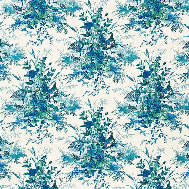 Quail Meadow Peacock 1106044 by Schumacher Designer Fabric CLASSIC PRINTS LINEN 64% COTTON 36% UNITED KINGDOM </p><p>Repeat: Horizontal: 13 1/2" (34CM) and Vertical: 25 1/4" (64CM) 56.375 - Swanky Fabrics -