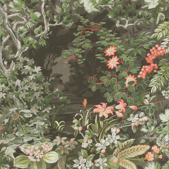 Woodland Coral/Olive/Char by Cole & Son Designer Wallcovering COLE & SON BOTANICAL BOTANICA PAPER - 100% United Kingdom Horizontal: 27.5 and Vertical: 48.3 27.5 - Swanky Fabrics -