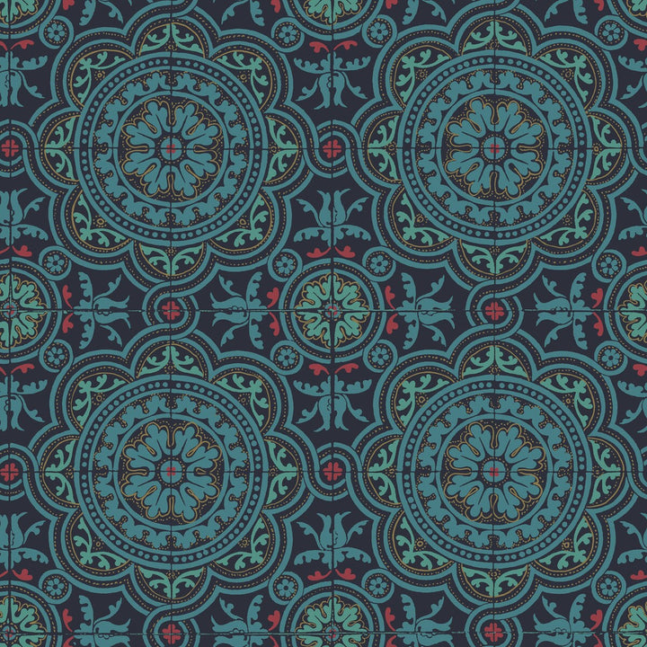 Piccadilly Petrol/Red/Metallic Gold On Ink by Cole & Son Designer Wallcovering COLE & SON SEVILLE NON WOVEN - 100% United Kingdom Horizontal: 20.8 and Vertical: 20.8 20.8 - Swanky Fabrics -