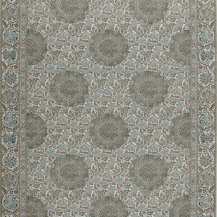 Kaya Medallion Mineral 1296002 by Schumacher Designer Fabric A PASSAGE TO INDIA PRINTS See Sample FRANCE NOT APPLICABLE </p><p>Repeat: Horizontal: 70" (178CM) and Vertical: 27" (69CM) 70" WIDE (178CM) - Swanky Fabrics -