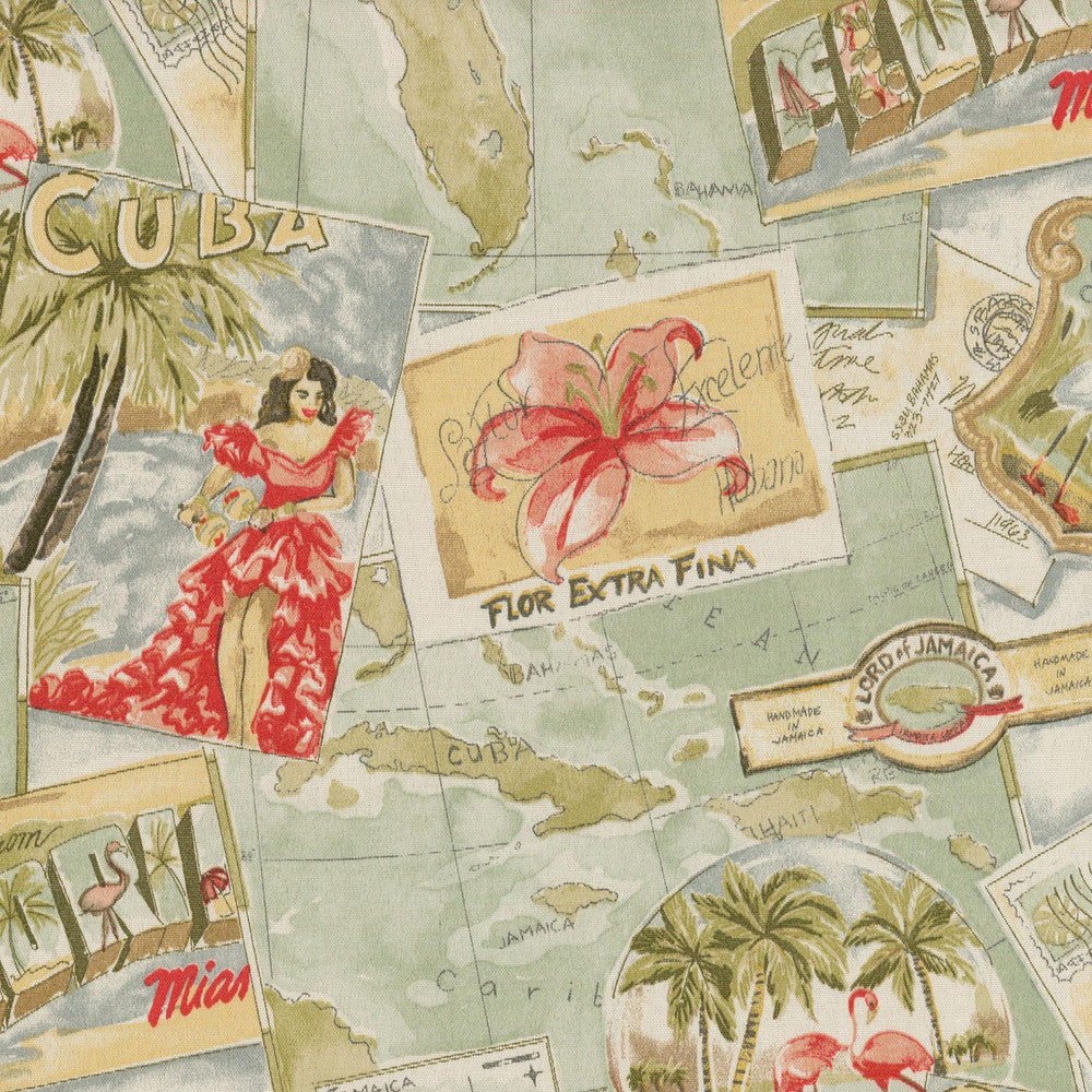 GREETINGS FROM PARADISE Seaglass 130131 by PKL Studio Outdoor Designer Fabric - 100% COTTON USA 51000 Horizontal: 13.5 and Vertical: 27 54 - Swanky Fabrics -
