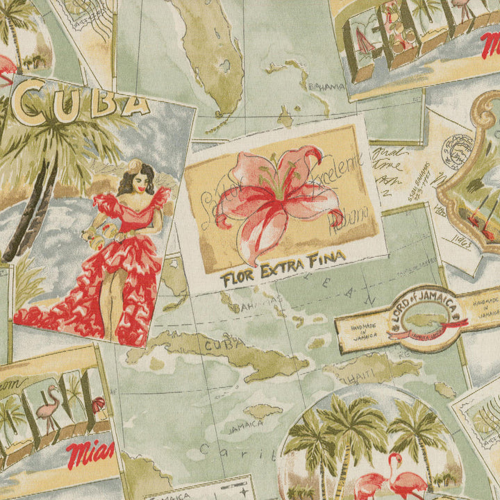 GREETINGS FROM PARADISE Seaglass 130131 by PKL Studio Outdoor Designer Fabric - 100% COTTON USA 51000 Horizontal: 13.5 and Vertical: 27 54 - Swanky Fabrics -