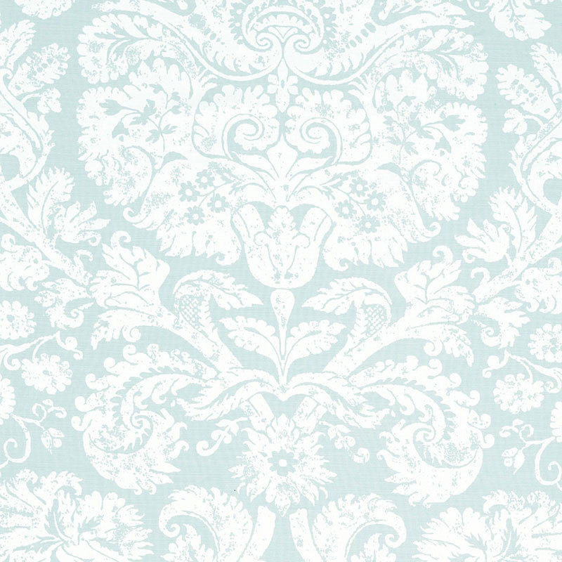 Barresa Damask Aqua 174132 by Schumacher Designer Fabric CLASSIC PRINTS LINEN 55% COTTON 45% BELGIUM </p><p>Repeat: Horizontal: 27" (69CM) and Vertical: 36" (91CM) 54 - Swanky Fabrics -