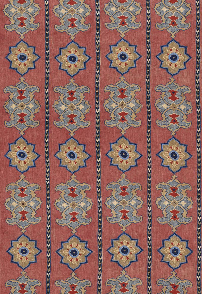 Temara Embroidered Print Pomegranate 175180 by Schumacher Designer Fabric Classic-Prints 48% Linen, 29% Jute, 23% Polyester Martindale 29,000 Horizontal: 13 and Vertical: 25 52 - Swanky Fabrics -