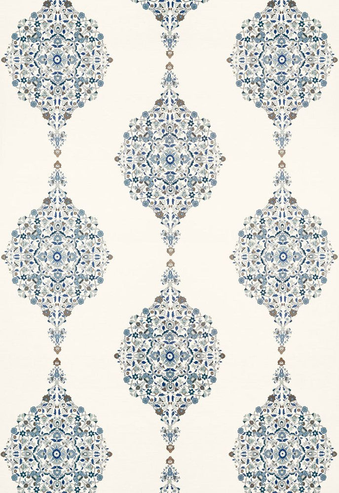 Mehndi Linen Print Indigo 175321 by Schumacher Designer Fabric Au-Naturel 50% Cotton, 50% Jute - Horizontal: 17.5 and Vertical: 31 52.5 - Swanky Fabrics -