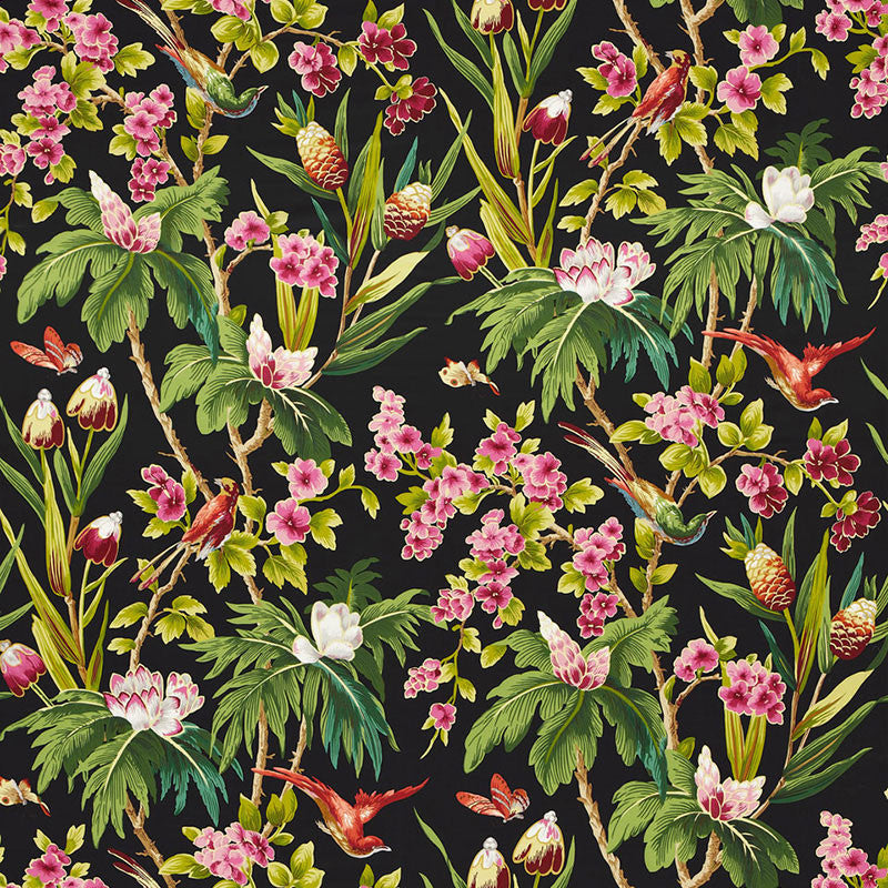 Seychelles Noir 175700 by Schumacher Designer Fabric TROPICANA COTTON 100% FRANCE </p><p>Repeat: Horizontal: 27" (69CM) and Vertical: 52 1/2" (133CM) 54 - Swanky Fabrics -