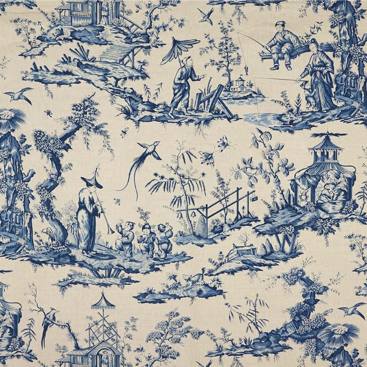Shengyou Toile Indigo 175800 by Schumacher Designer Fabric Schumacher-Classics 57% Linen, 43% Cotton - Horizontal: 44 and Vertical: 47 44 - Swanky Fabrics -