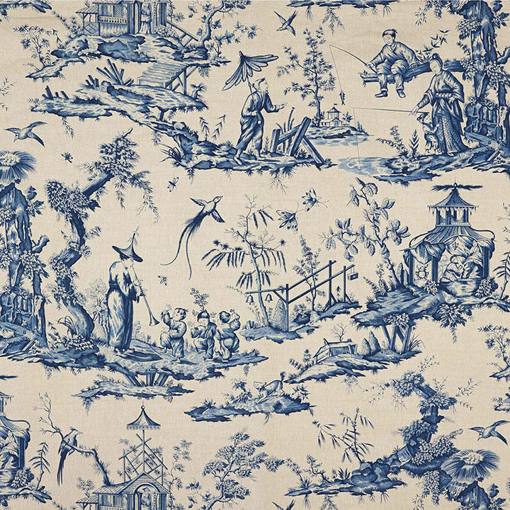 Shengyou Toile Indigo 175800 by Schumacher Designer Fabric SCHUMACHER CLASSICS See Sample FRANCE MEDIUM DUTY </p><p>Repeat: Horizontal: 44" (112CM) and Vertical: 47" (119CM) 44" WIDE (112CM) - Swanky Fabrics -