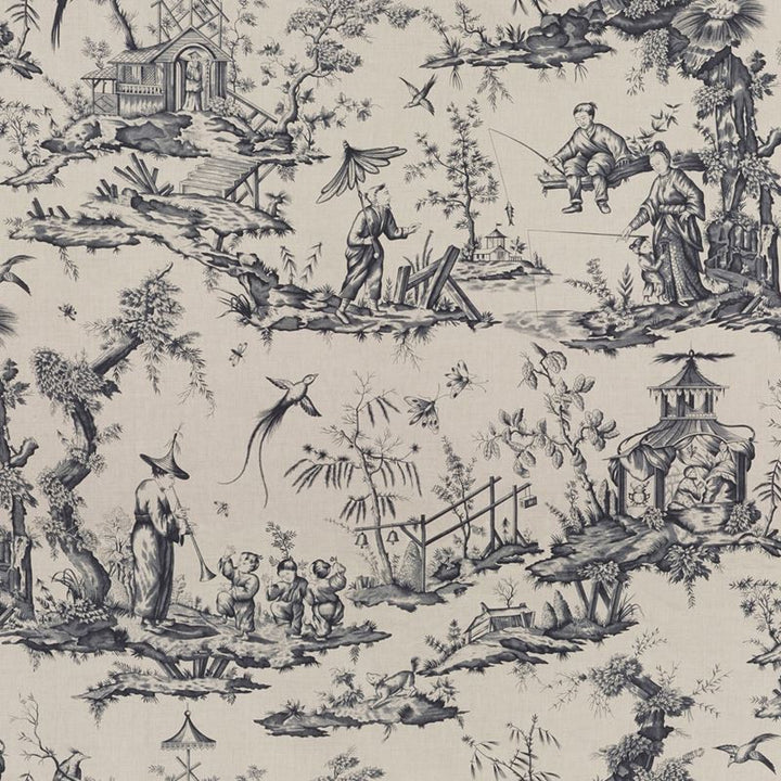 Shengyou Toile Charcoal 175803 by Schumacher Designer Fabric Schumacher-Classics 57% Linen, 43% Cotton - Horizontal: 44 and Vertical: 47 44 - Swanky Fabrics -