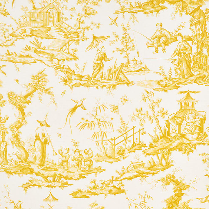 Shengyou Toile Yellow 175805 by Schumacher Designer Fabric REVISIT OF POPULAR PATTERNS See Sample FRANCE - </p><p>Repeat: Horizontal: 44" (112CM) and Vertical: 47" (119CM) 44" WIDE (112CM) - Swanky Fabrics -